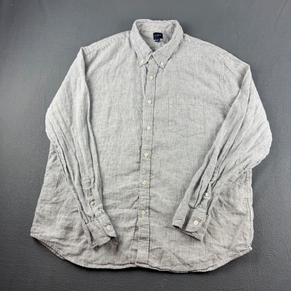 J Crew Shirt Men's 2XL Blue White Striped Linen Cotton Long Sleeve Button Down - Picture 1 of 9